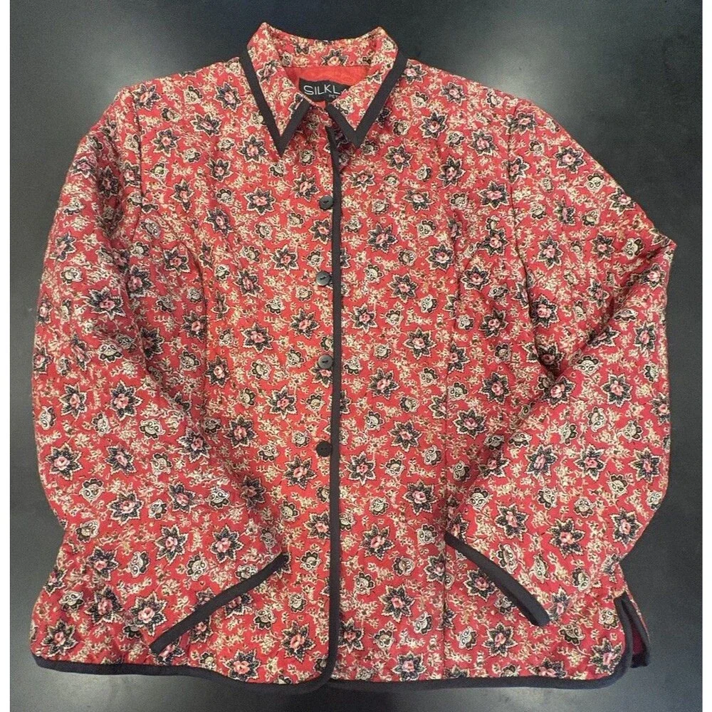 Vintage Silkland 100% Silk Jacket Blazer Red Black Floral Size Petite Large